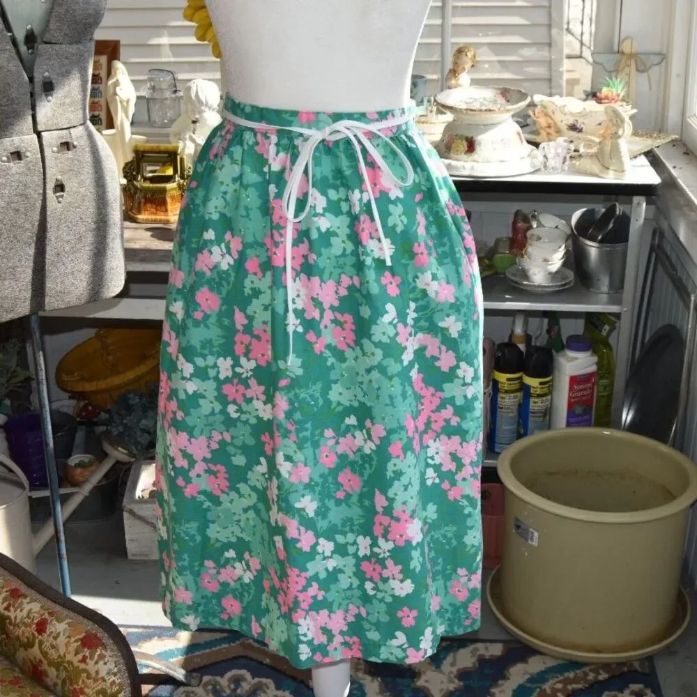 Vintage Poppy by Lanz Floral Midi Skirt Green Pink Cotton A Line Retro 70s Small